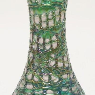 1003	GREEN LUSTER ART GLASS VASE BY KRALIK, 8 IN H 
