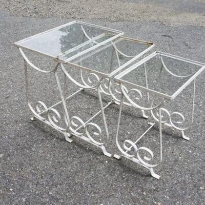 1059	NEST OF 3 WROUGHT IRON PATIO TABLES W/GLASS TOPS, 19 IN X 15 IN X 19 IN HIGH
