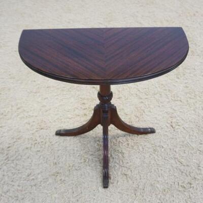1081	SMALL MAHOGANY DEMI LUNE STAND, APPROXIMATELY 22 IN X 11 IN X 23 IN HIGH
