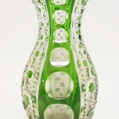 1202	GREEN CUT TO CLEAR CUT GLASS VASE, 10 IN HIGH
