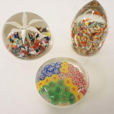 1130	ANTIQUE BLOWN GLASS PAPERWEIGHTS, LOT OF 3 INCLUDING MILLEFIORI GLASS
