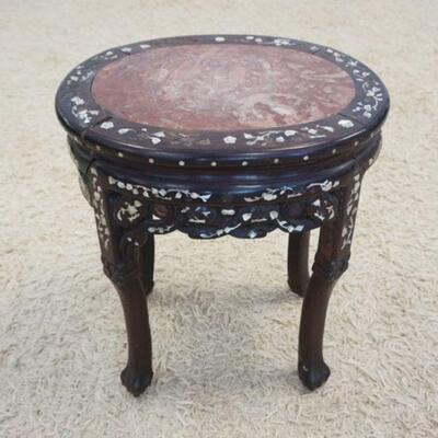 1077	ANTIQUE ASIAN MARBLE INSET STAND W/MOTHER OF PEARL INLAY, MISSING PIECES, APPROXIMATELY 18 IN X 14 IN X 29 IN HIGH
