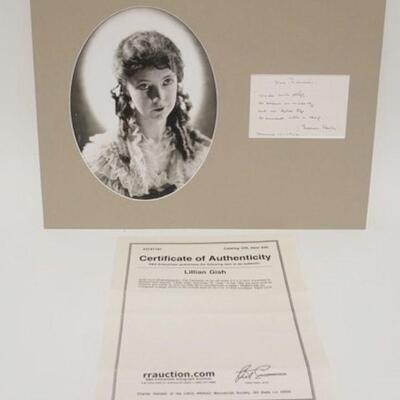 1017	FRAMED PHOTO OF LILLIAN GISH & PERSONAL NOTE, SIGNED & DATED NOVEMBER 15TH 1942 W/ CERTIFICATE OF AUTHENTICITY
