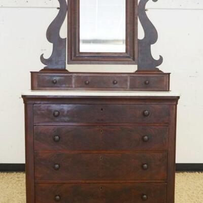 1065	ANTIQUE EMPIRE MARBLE TOP 7 DRAWER MAHOGANY CHEST W/OGEE MIRROR TOP, APPROXIMATELY 22 IN X 21 IN X 77 IN HIGH
