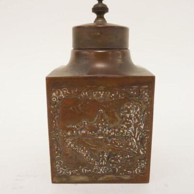 1151	ANITQUE ASIAN COPPER TEA CADDY W/CHARACTER MARKS ON BASE, EMBOSSED SCENES ON EACH SIDE, APPROXIMATELY 2 3/4 IN SQUARE X 5 1/2 IN HIGH
