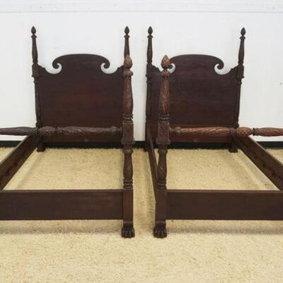 1070	PAIR OF MAHOGANY SINGLE BEDS, CARVED PINEAPPLE TOP W/CARVED PAW FEET BY TOBEY FURNITURE CO J.A. HANDMADE, FINSIH WORN, APPROXIMATELY...