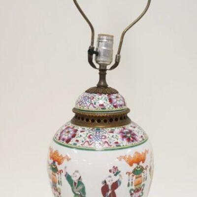 1156	ASIAN GINGER JAR LAMP W/BRONZE COLLAR & ON BRONZE BASE, APPROXIMATELY 15 IN HIGH BEFORE HARP
