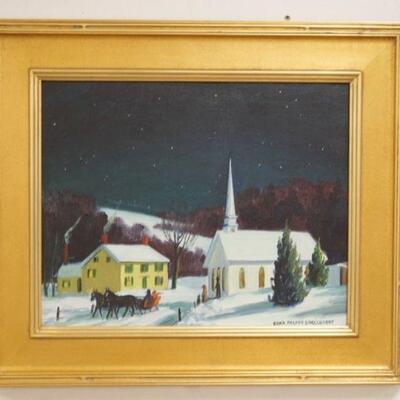1008	EDNA PALMER ENGELHARDT OIL ON CANVAS, SIGNED LOWER RIGHT. UNTITLED WINTER NIGHT OF SLEIGH AND CHURCH. 23 1/4 IN X 27 1/4 IN...