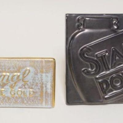 1035	STANGL DEALER SIGNS, ONE HOLDS DOCUMENTS BOTH HAVE CHIPS. LARGEST IS 7 IN X 5 1/4 IN 
