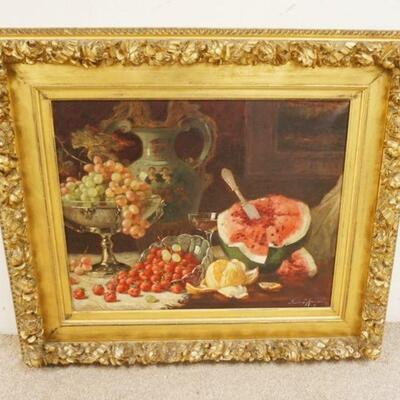 1135	ANNIE L MORGAN OIL PAINTING ON CANVAS, LARGE STILL LIFE FRUIT, IMAGE SIZE APPROXIMATELY 30 IN X 24 IN, OVERALL APPROXIMATELY 37 IN X...