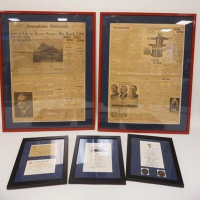 1044	R.M.S. TITANTIC LOT INCLUDING FRAMED ORIGINAL NEWSPAPERS DESCRIBING THE DISASTER ALONG W/CONTEMPORARY COPIES OF MEMMORABILIA

