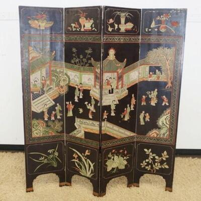1086	4 PART ASIAN FOLDING SCREEN, CARVED & PAINT DECORATED W/PAINT LOSS, APPROXIMATELY 64 IN X 72 IN HIGH, 16 IN WIDE CLOSED
