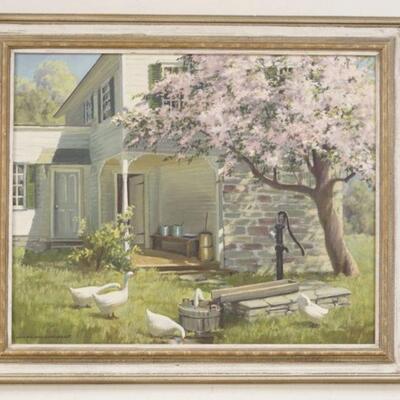 1016	SIGNED EDNA PALMER ENGELHARDT OIL ON CANVAS TITLED *THE GOOD OLD DAYS* 35 1/2 IN X 30 1/4 IN INCLUDING FRAME 
