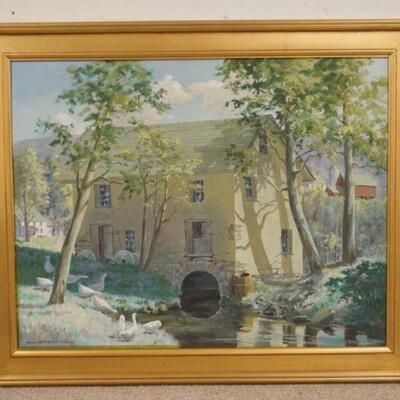 1020	SIGNED EDNA PALMER ENGELHARDT OIL ON CANVAS TITLED *OLD MILL ALONG THE MUSCONETCONG RIVER, NJ* 42 1/2 IN X 35 IN INCLUDING FRAME
