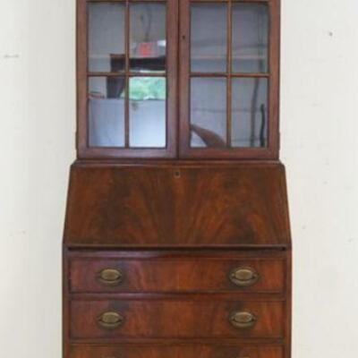 1055	DIMINUTIVE MAHOGANY SHERATON STYLE SECRETARY DESK, 4 DRAWER W/INDIVIDUAL PANE GLASS DOORS, APPROXIMATELY 27 IN X 19 IN X 76 IN
