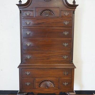 1072	SOLID MAHOGANY SHELL CARVED 20TH CENTURY HIGHBOY, 2 PART ON BALL & CLAW FEET & REEDED QUARTER COLUMNS, APPROXIMATELY 40 IN X 23 IN X...