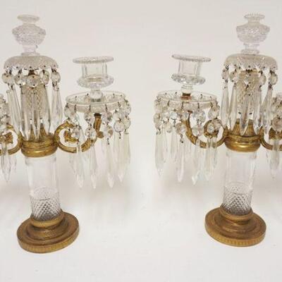 1201	CUT GLASS & BRONZE CANDELABRAS, BOTH HAVING DAMAGE TO CANDLE HOLDERS, APPROXIMATELY 17 IN HIGH
