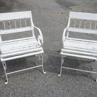 1058	PAIR OF WROUGHT IRON PATIO ARMCHAIRS W/WOOD SLAT SEATS & GOTHIC ARCHED BACKS
