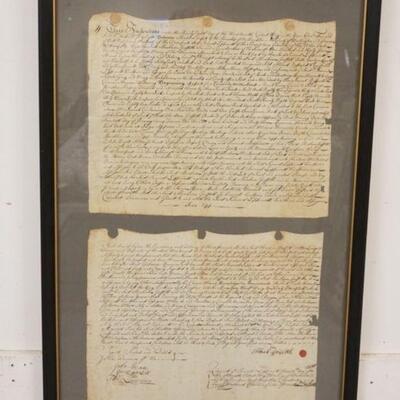 1043	FRAMED 1748 INDENTURE DEED EASTON PENNSYLVANIA AREA, APPROXIMATELY 21 IN X 32 IN OVERALL
