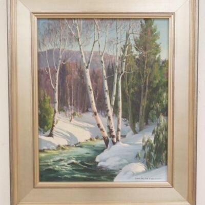 1009	EDNA PALMER ENGELHARDT OIL ON CANVAS, SIGNED LOWER RIGHT. TITLED *WHITE BIRCH AND WINTER* 22 IN X 26 IN INCLUDING FRAME
