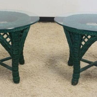 1120	PAIR OF WICKER GLASS TOP PATIO TABLES, APPROXIMATELY 31 IN X 24 IN X 21 I HIGH
