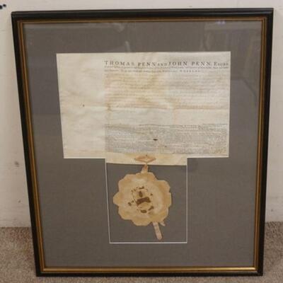 1025	THOMAS & JOHN PENN LAND PURCHASE DOCUMENT DATED JUNE 1773 W/ SEAL TO SAMUEL PLEASANTS FOR 17 POUNDS FIVE SHILLINGS STERLING 
