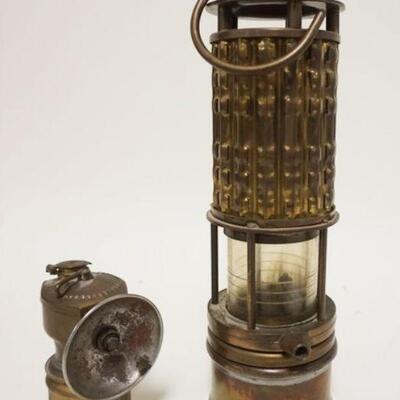 1129	ANTIQUE BRASS WOLF SAFETY LAMP & BRASS MINERS LAMP, LARGEST IS APPROXIMATELY 12 IN

