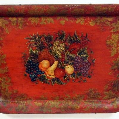 1162	LARGE ANTIQUE TIN TOLE DECORATED TRAY, APPROXIMATELY 22 IN X 21 1/2 IN
