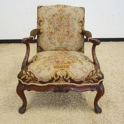 1061	CONTINENTAL FLORAL UPHOLSTERED ARMCHAIRS W/CARVED WALNUT FRAMES
