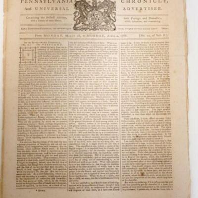 1010	APRIL 4TH 1768 ISSUE OF THE PENNSLYVANIA CHRONICLES NEWSPAPER, 4 DOUBLE SIDED PAGES
