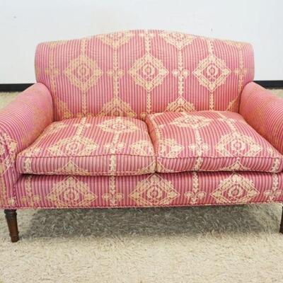 1093	UPHOLSTERED LOVESEAT W/PINK UPHOLSTERY & GILT GOLD DESIGN, 55 IN WIDE

