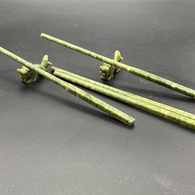 (2) Pairs of Jade Chopsticks with Stands