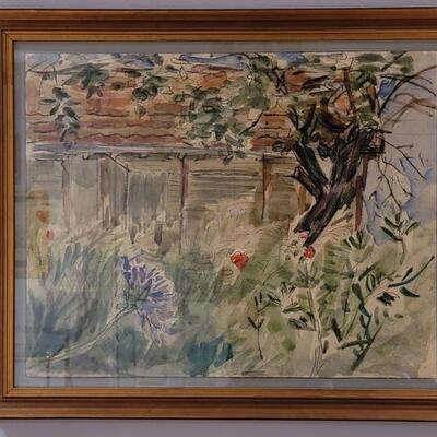 Framed Impressionist Watercolor of Home & Garden