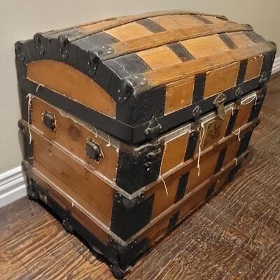Antique Humpback Iron & Wood Steamer Chest