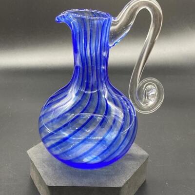 Wimberley Glassworks Blue Swirl Pitcher,
6.5in Hand Blown Pitcher with Applied Handle 
