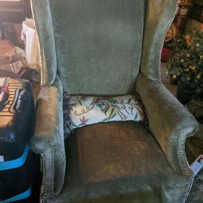 Green Upholstered Chair- broken leg (as is)