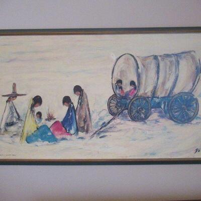 VINTAGE TED DE GRAZIA 1967 SIGNED TITLED NAVAJO CAMPFIRE DE GRAZIA GALLERY TAG VERSO MUST PREVIEW 49" X 26"