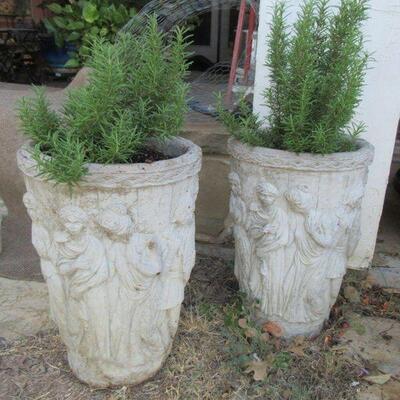 CONCRETE PLANTERS WITH LIVE ROSEMARY AND BEAUTIFUL ROMAN DESIGNS