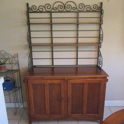 SOLID MID CENTURY BUFFET SERVER WITH ORNATE ROUTE IRON & WOOD SHELVING RACK