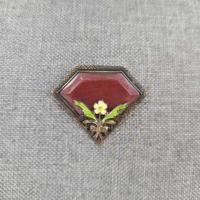 Antique Red Carnelian Cloisonne Brooch
