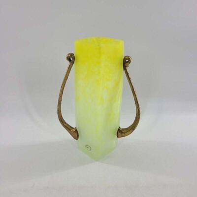 Romblast Made in Romania Hand Blown Art Glass Yellow Vase with Applied Gold Handles
