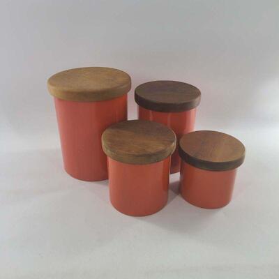 Retro Sam Mann Designs Capco Japan Teak Lidded Orange Canister Set of 4
