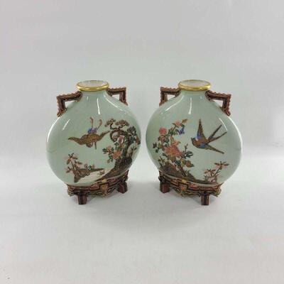 Royal Worcester English Porcelain Pair of Moon Flask Vases
