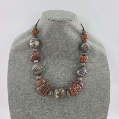 Antique Yemeni Silver Amber Beaded Necklace
