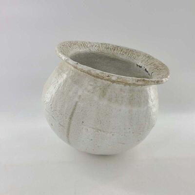 Vintage White Glazed Pottery Large Mouthed Pot Vase
