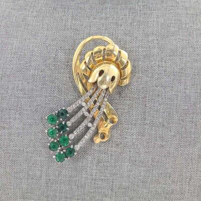 Vintage Reinad Gold & Silver Tone Emerald Rhinestone Brooch
