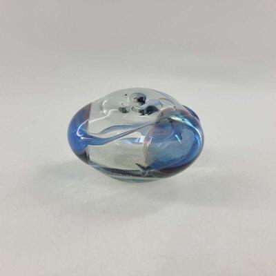 Richard Stauffer Art Glass Blue Clear Paperweight Bud Vase
