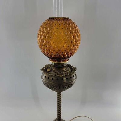 Antique Amber Globe Electrified Oil Lamp

