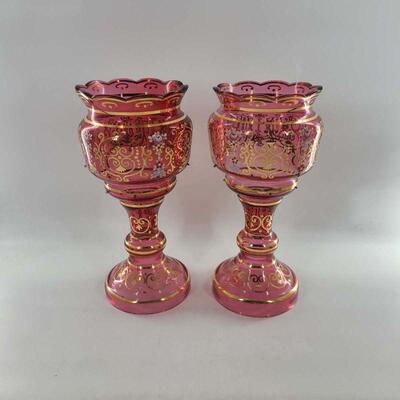Antique Cranberry Glass 16.5" Mantle Lustres Pair
