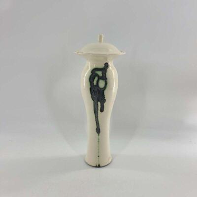 Contemporary Pottery Lidded White Green Vase Run Signed Pritchard
